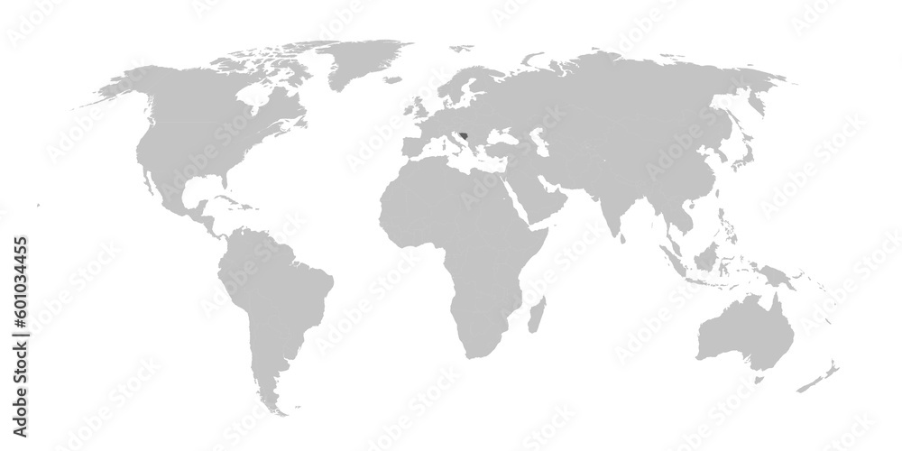 Map of the world with the country of Bosnia and Herzegovina highlighted in grey.