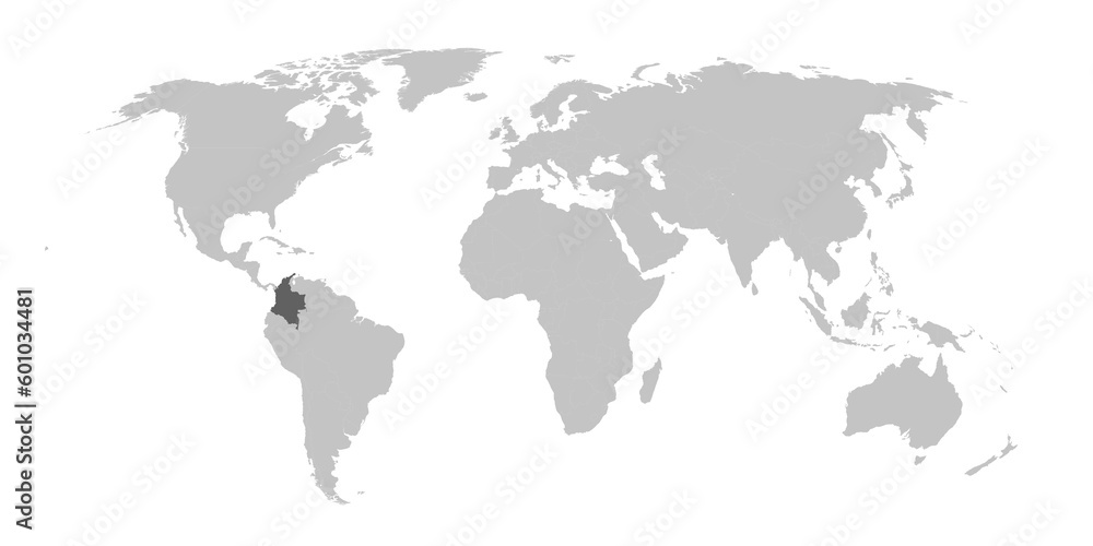 Map of the world with the country of Colombia highlighted in grey.