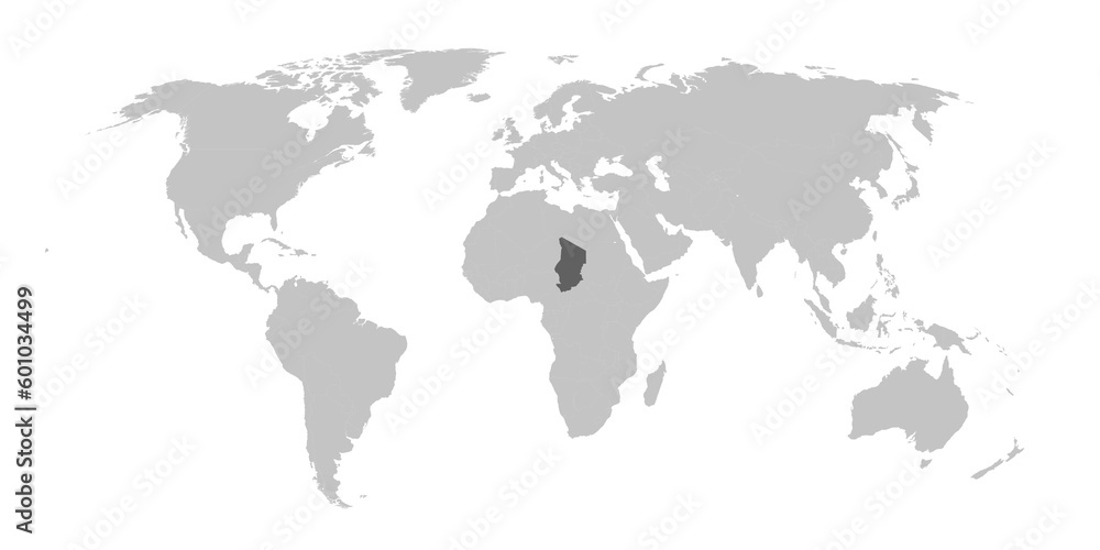 Map of the world with the country of Chad highlighted in grey.