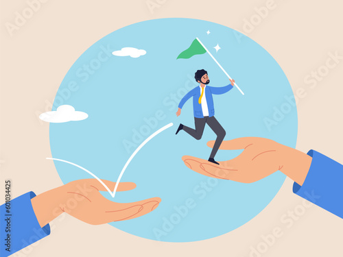 Business support concept. Mentorship to assist employee to success. Helping hand or encouragement for teammate to achieve business goal. Businessman jumping up hand growth ladder to progress target.