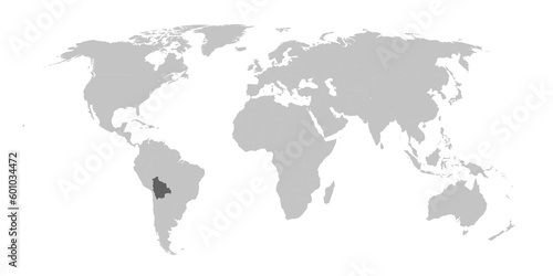 Map of the world with the country of Bolivia highlighted in grey.