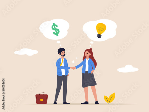 Startup concept. Venture capital, project pitching for funding or VC investment. Selling idea for money or angel investment for project. Young entrepreneur pitching idea to raise venture capital fund.