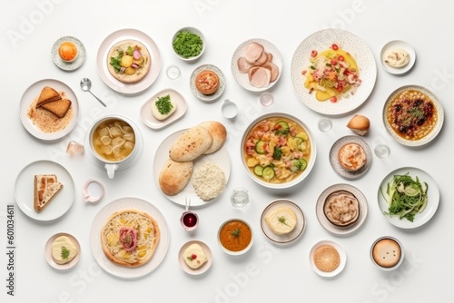 Flat lay of a set of various dishes of food isolated on a white background. Generative AI