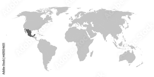Map of the world with the country of Mexico highlighted in grey.