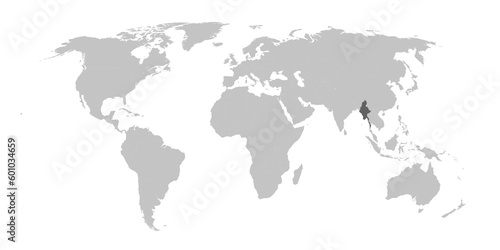 Map of the world with the country of Myanmar highlighted in grey.