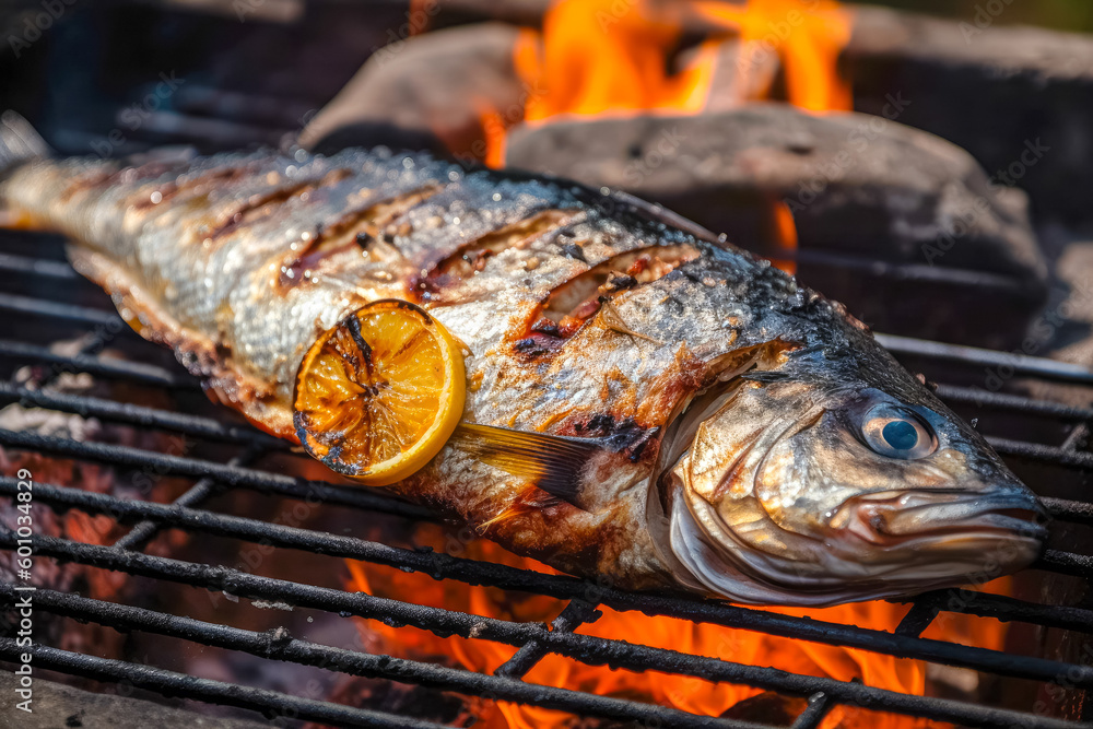 Process of cooking fish Dorado on grill with lemon, grilled fish BBQ. Good food. Generative AI Process of cooking fish Dorado on grill with lemon, grilled fish BBQ. Good food. Generative AI