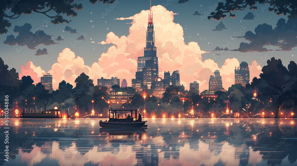 Anime background of boat on the lake with city at dusk, generative AI - obrazy, fototapety, plakaty 
