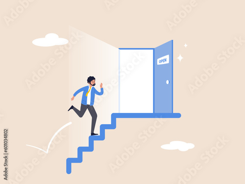 Career opportunity concept. Job promotion or challenge to grow. Door step to success, career development or growth and improvement to reach success. Businessman employee walk up stair to open door.