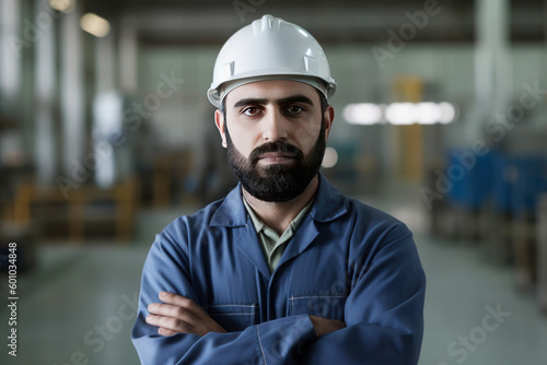 Portrait of Arab man, factory worker, AI generated Generative AI