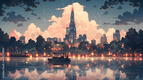 Anime background of boat on the lake with city at dusk, generative AI