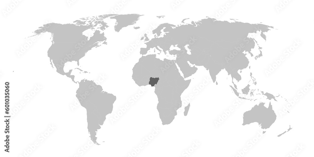 Map of the world with the country of Nigeria highlighted in grey.