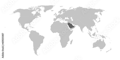 Map of the world with the country of Saudi Arabia highlighted in grey.