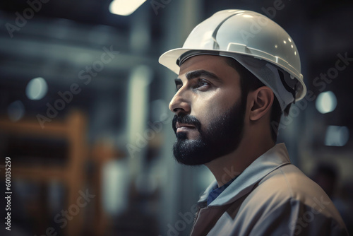 Portrait of Arab man, factory worker, AI generated Generative AI