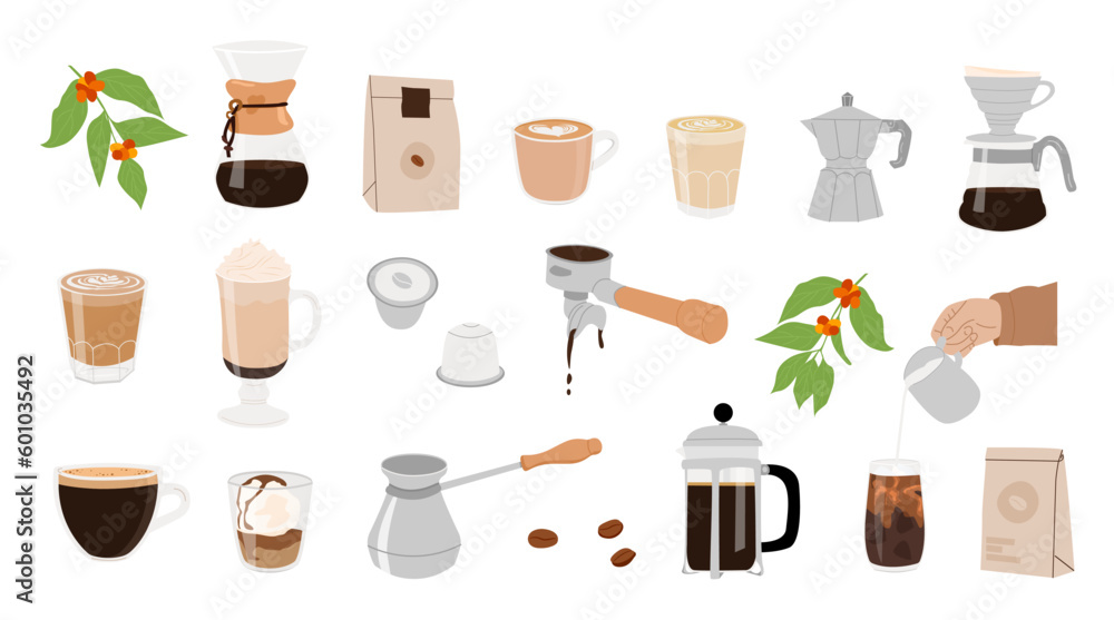 Different types of coffee manual brewing equipment. Set of
