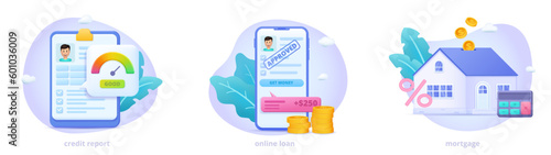 Credit score, easy loan online, mortgage, credit approval. Three dimensional icon set concept for landing page. 3d vector illustration with characters for website, print, banner.