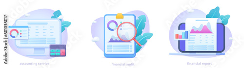 Accounting service, financial audit, financial report, save money, banking vector illustration collection. Vector scene set in modern three dimensional style. 3d illustrations for landing page, banner