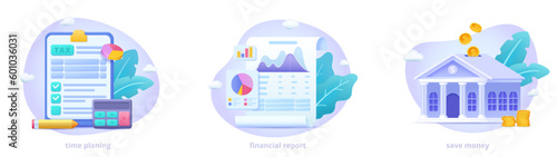 Tax payment, financial report, save money, banking vector illustration collection. Vector scene set in modern three dimensional style. 3d illustrations for landing page, banner, website.