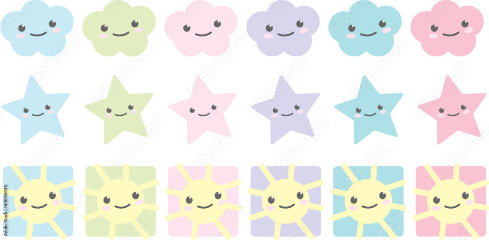 set of funny cartoon stars, clouds, and sun for stickers 