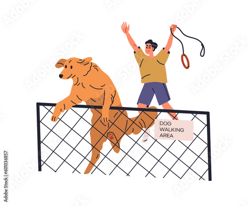 Naughty dog escaping, running away from owner. Bad unwanted behavior, canine psychology problem, quirk concept. Doggy getaway during walk. Flat vector illustration isolated on white background