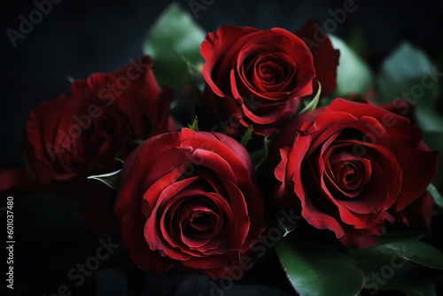 Red roses dark moody romantic background. Close-up flowers card backdrop. Ai generated