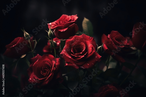 Red roses close-up dark romantic background. Ai generated