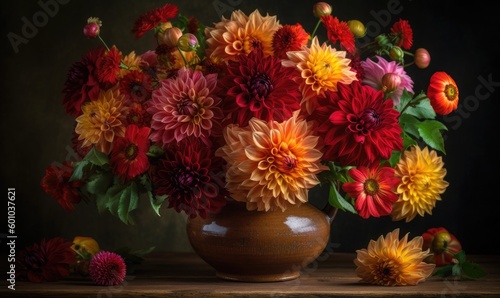 Autumn still life with garden flowers, Beautiful autumnal bouquet in vase, generative AI