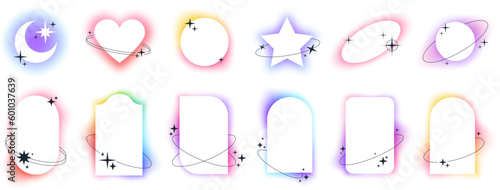 White geometric frames illuminated with abstract soft pastel gradients. Cute heart and moon shapes with blur gradient elements, minimalist aesthetic glowing arc frame template with sparkles vector set