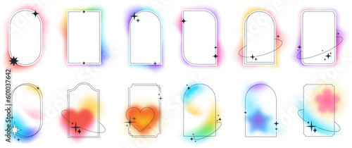 Trendy minimalist aesthetic linear arc frames with blur gradient elements and sparkles. Geometric forms Illuminated with abstract soft pastel gradients, white glowing arch frame with stars vector set