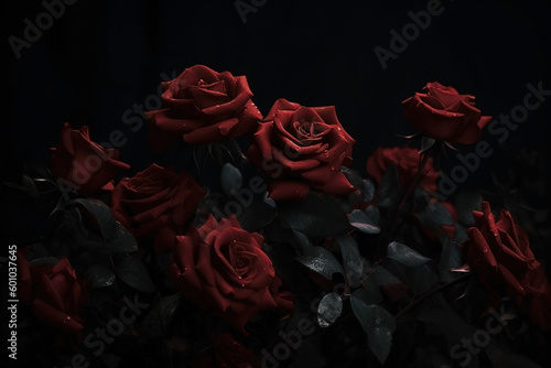 Red roses close-up dark romantic background. Ai generated