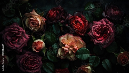 Red and pink roses dark moody romantic background. Close-up flowers card backdrop. Ai generated