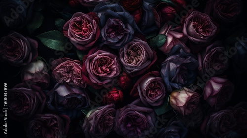 Red and pink roses close-up dark romantic background. Ai generated