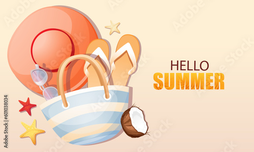 Hello, Summer.Summer background with flip-flops,sunglasses, summer hat, beach bag. Summer time.Vector illustration.