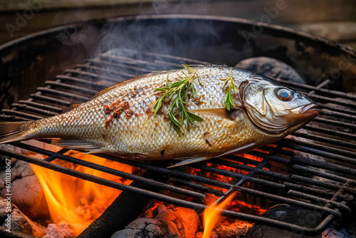 Process of cooking fish Dorado on grill with lemon, grilled fish BBQ. Good food. Generative AI