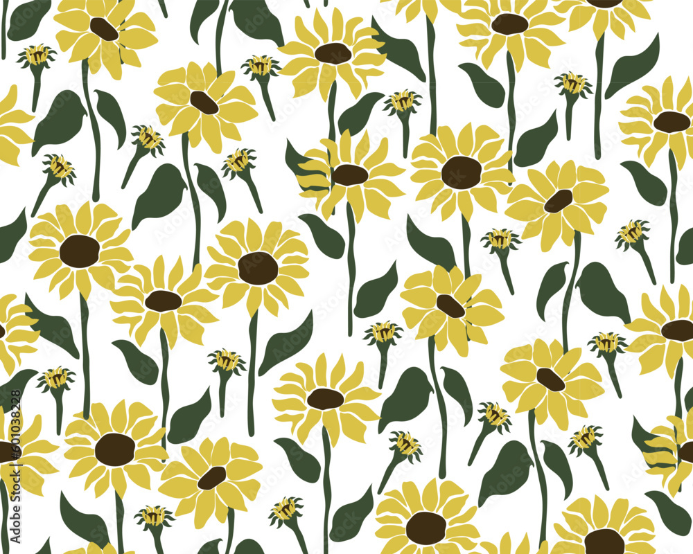 Seamless pattern of cute retro sunflowers on white background. Vector illustration for fashion prints.