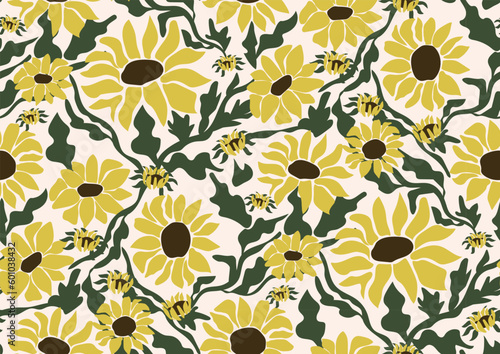 Seamless pattern with vintage retro sunflowers on white background. Vector 70s style illustration for print.