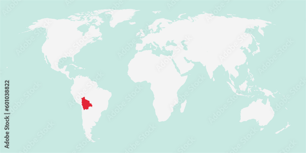 Obraz premium Vector map of the world with the country of Bolivia highlighted highlighted in red on white background.