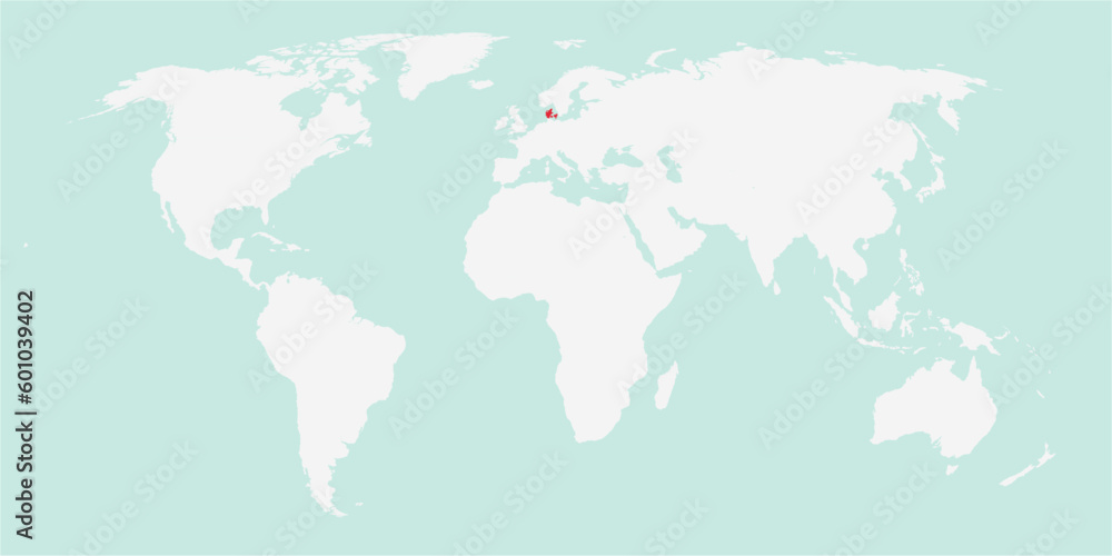 Vector map of the world with the country of Denmark highlighted highlighted in red on white background.
