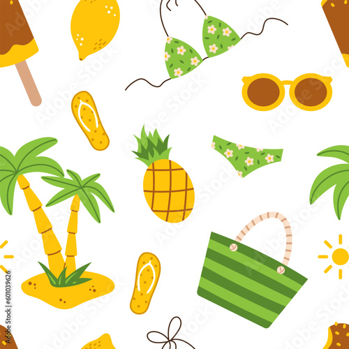 Vector seamless pattern with summer elements in flat design. Beach vibes. Summer holiday background in green and yellow colors. Relaxation on beach pattern.