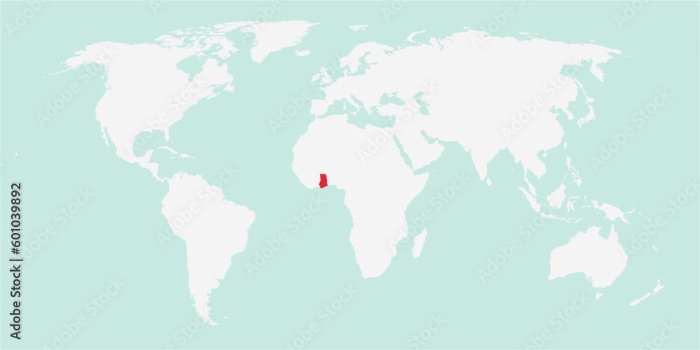 Vector map of the world with the country of Ghana highlighted highlighted in red on white background.