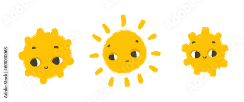 simple sunny illustration with face. Cute sun design sticker. Baby art, isolated clipart