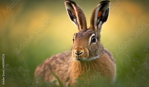 European hare stands in the grass and looking at the camera, generative AI photo