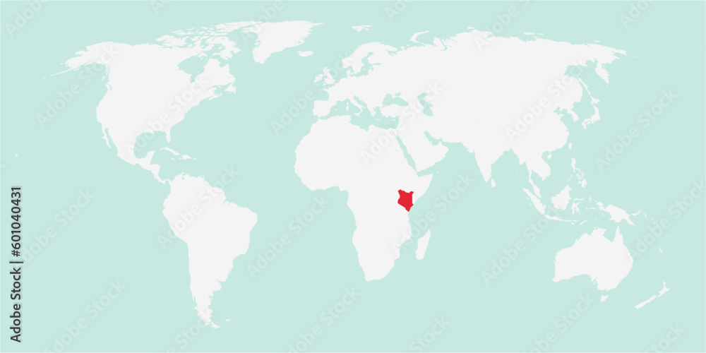 Vector map of the world with the country of Kenya highlighted highlighted in red on white background.