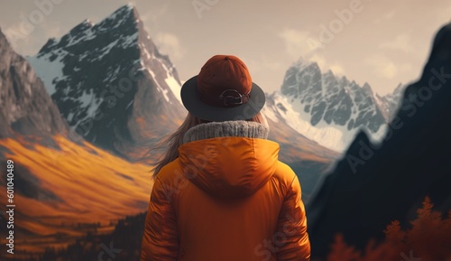 Young Woman Wearing Orange Jacket and Hat Looking at the Mountains. Generative AI.