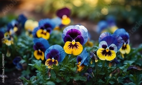 Flowering blue and yellow pansies in the garden, Summer nature landscape with fresh pansy flowers outdoor, generative AI photo