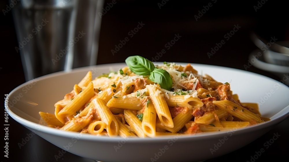 Penne alla Vodka penne pasta, heavy cream, canned tomatoes, onion