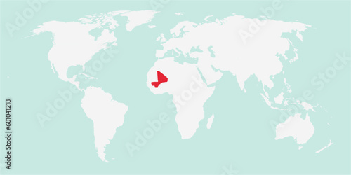 Vector map of the world with the country of Mali highlighted highlighted in red on white background.