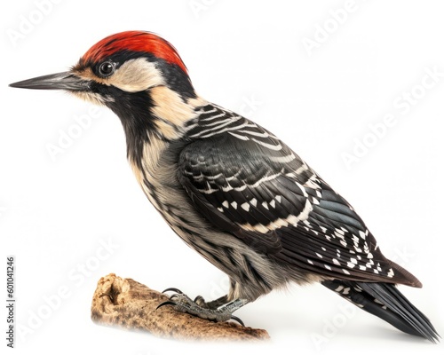 A close up of a woodpecker standing on a wooden bough with a white background.