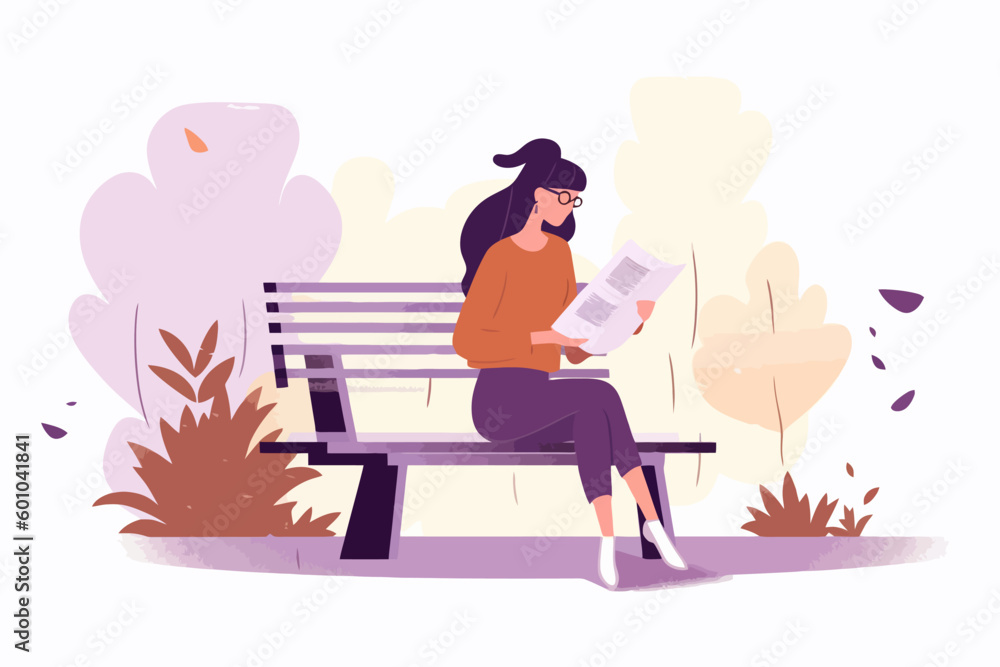 a young woman reading a book, sitting on a park bench. vector illustration. a young woman reading a book, sitting on a park bench. vector illustration.