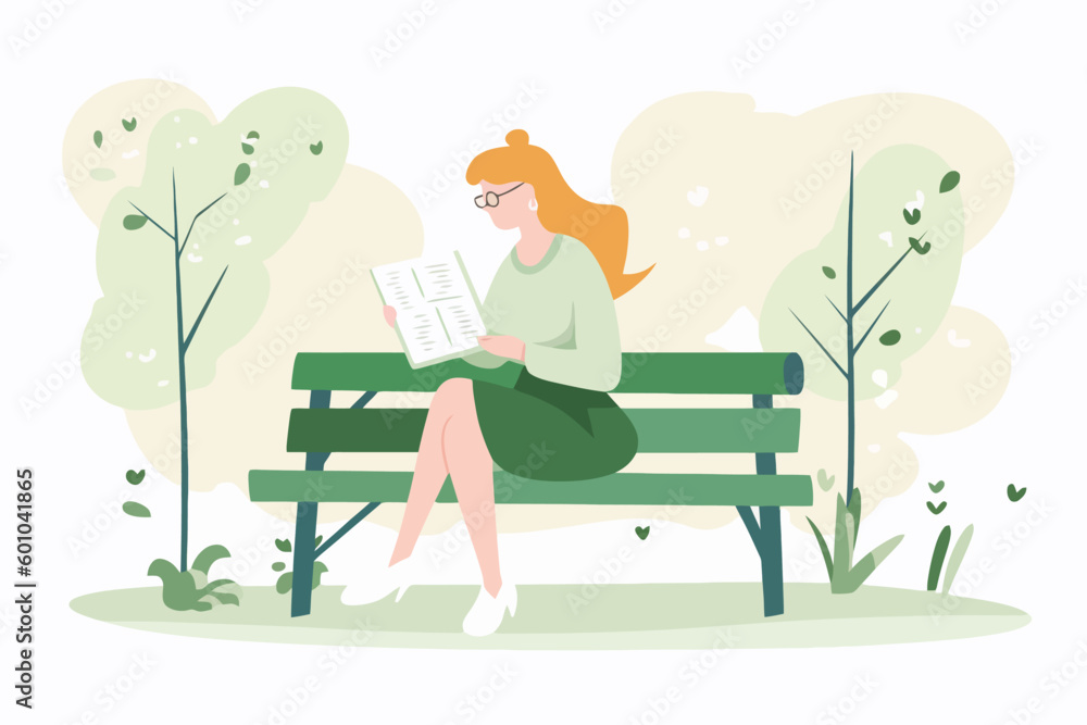 a young woman reading a book, sitting on a park bench. vector illustration. a young woman reading a book, sitting on a park bench. vector illustration.