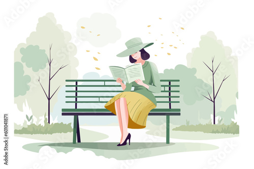 a young woman reading a book, sitting on a park bench. vector illustration.